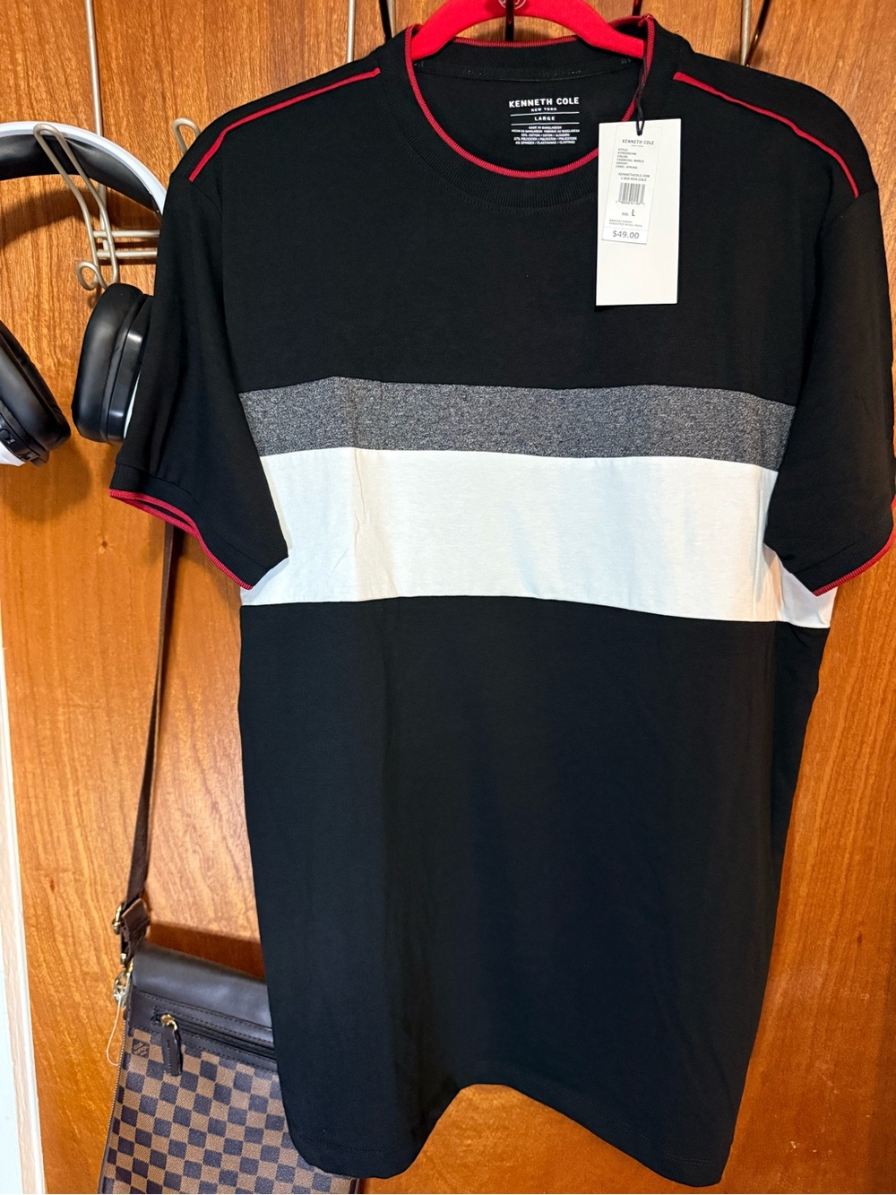 Kenneth Cole Black Colorblock Crew Tee with Gray, White & Red Trim